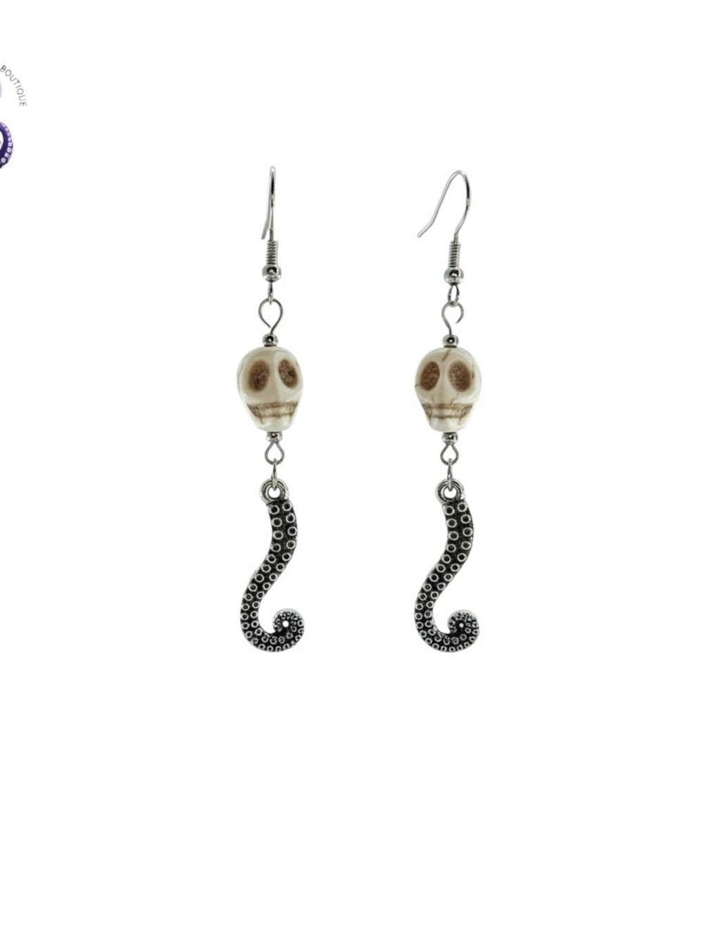Handmade Antique Silver Octopus Tentacle & Bone Skull Dangle Earrings